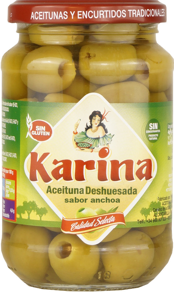 Karina Grüne Manzanilla-Oliven ohne Stein, Glas, 160g Abtropfgewicht