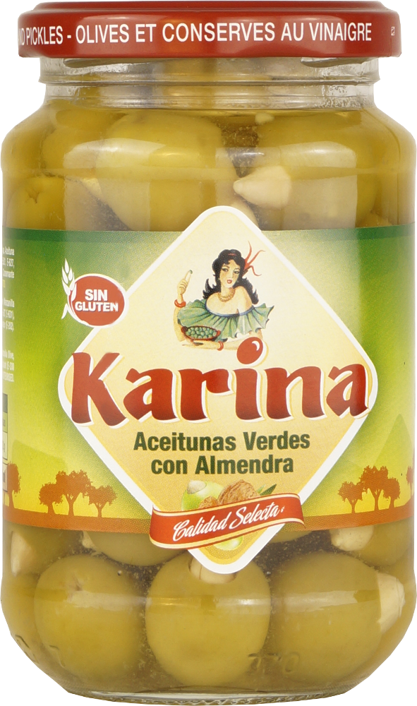 Karina Grüne Manzanilla-Oliven gefüllt mit Mandeln, Glas 200g Abtropfgewicht